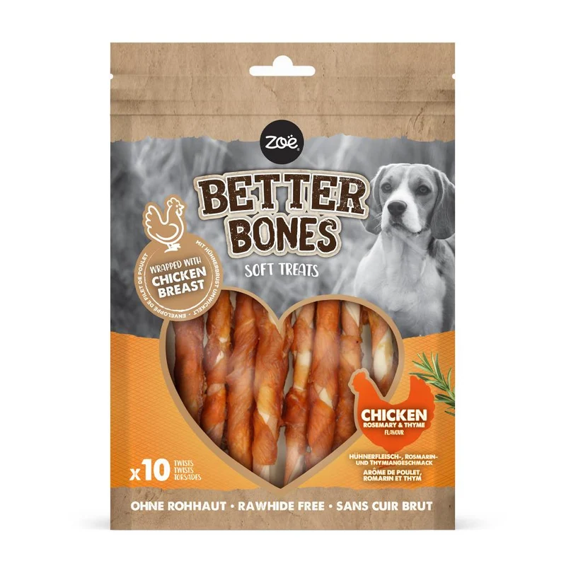 Twists envueltos en pollo para perros Zoë Better Bones Pack de 10