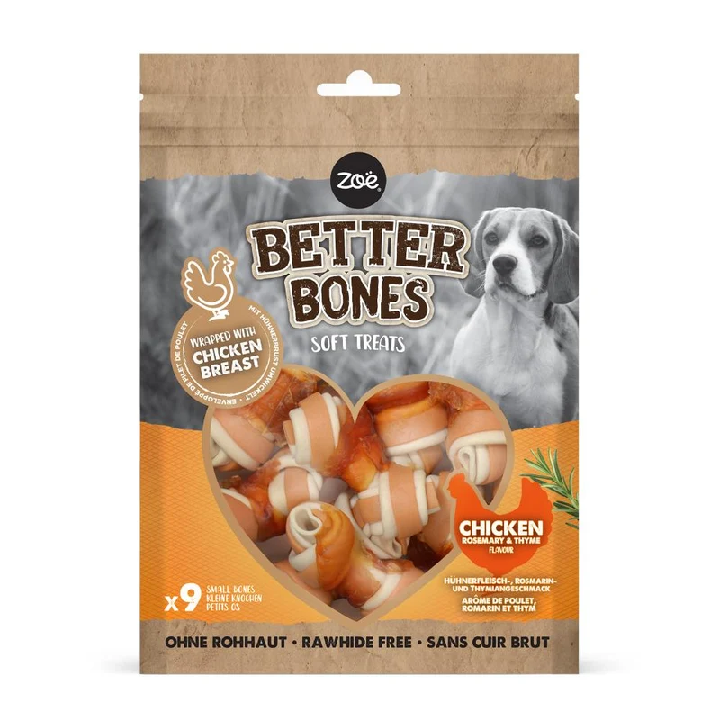 Huesitos suaves envueltos en pollo para perros Zoë Better Bones Pack de 9