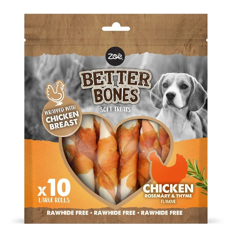 Rolls grandes envueltos en pollo para perros Zoë Better Bones Pack de 10