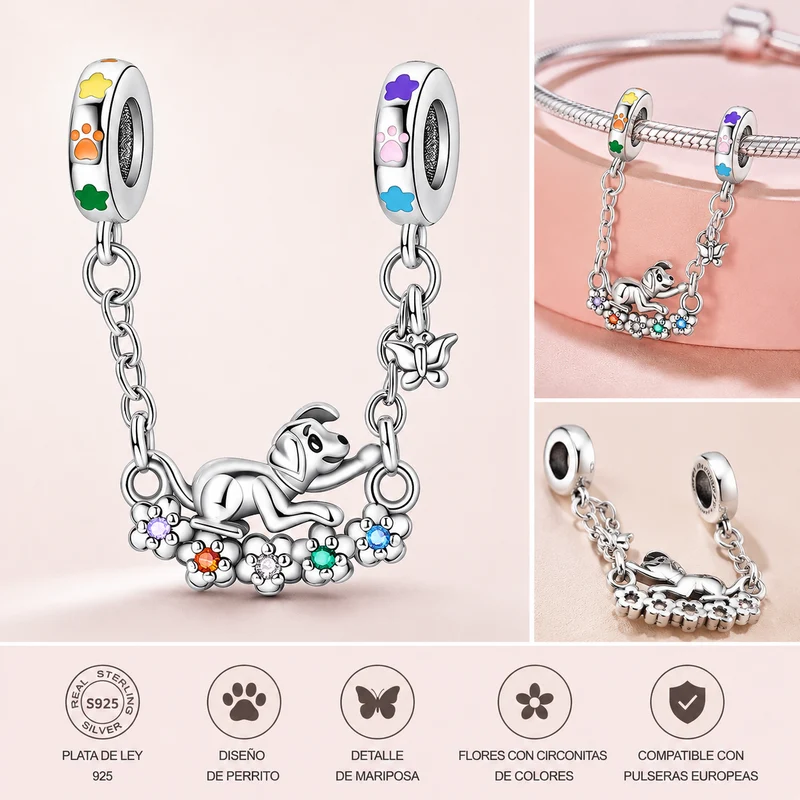 Charm de Plata de Ley 925 con Cadena de Perrito y Flores