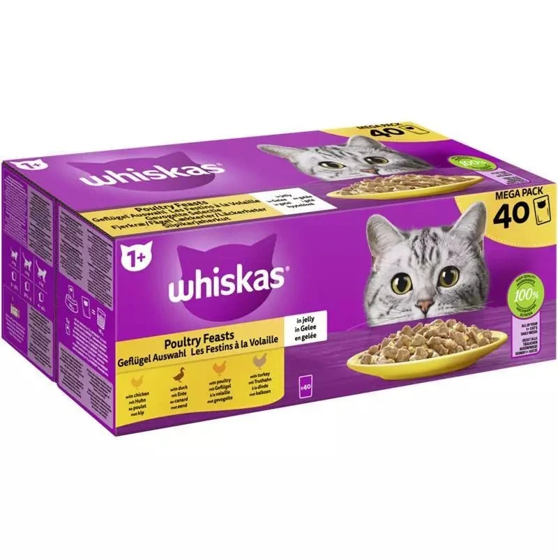 Whiskas Aves en Gelatina Alimento Húmedo para Gatos Adultos 40 uds
