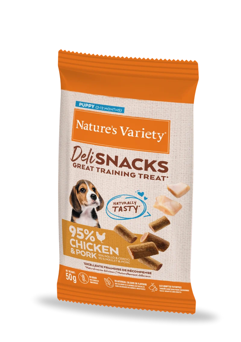 Nature's Variety Puppy Deli Snacks para Cachorros – Pollo y Cerdo (50g)