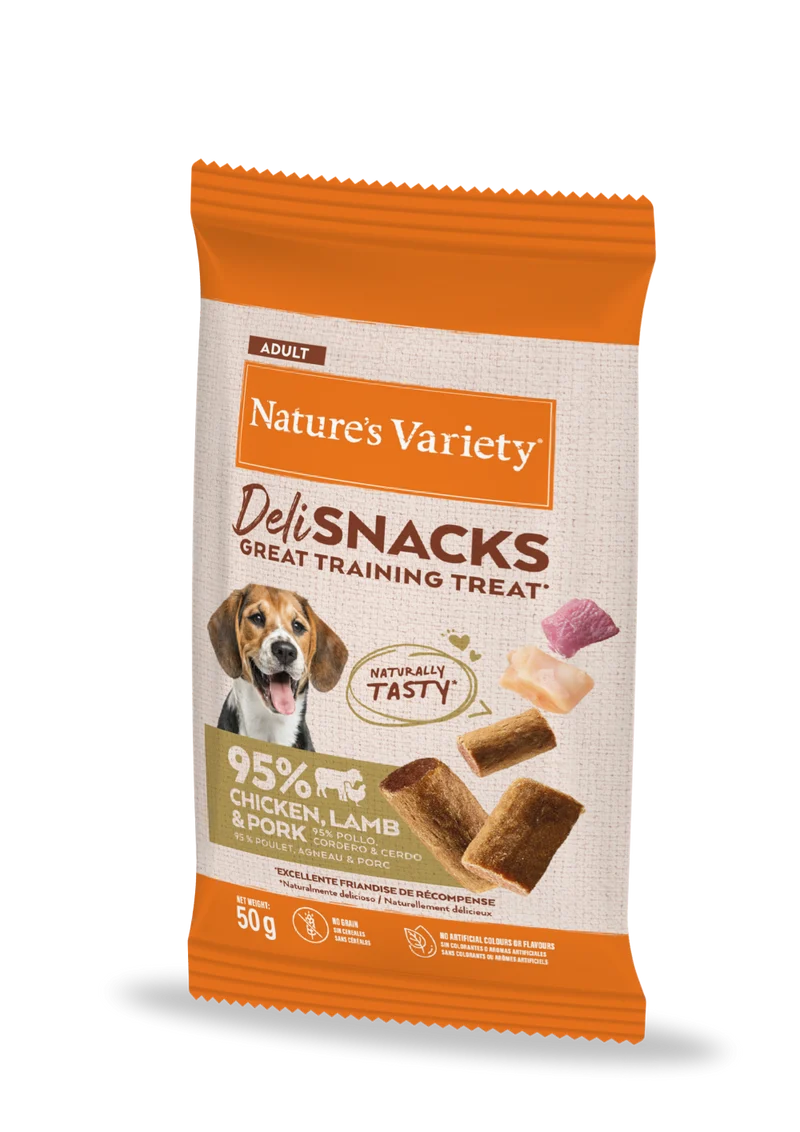 Nature's Variety Deli Snacks para Perros – Pollo, Cordero y Cerdo (50g)