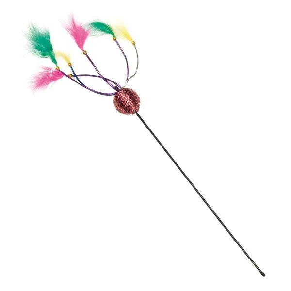 Caña para gatos con pelota brillante y plumas