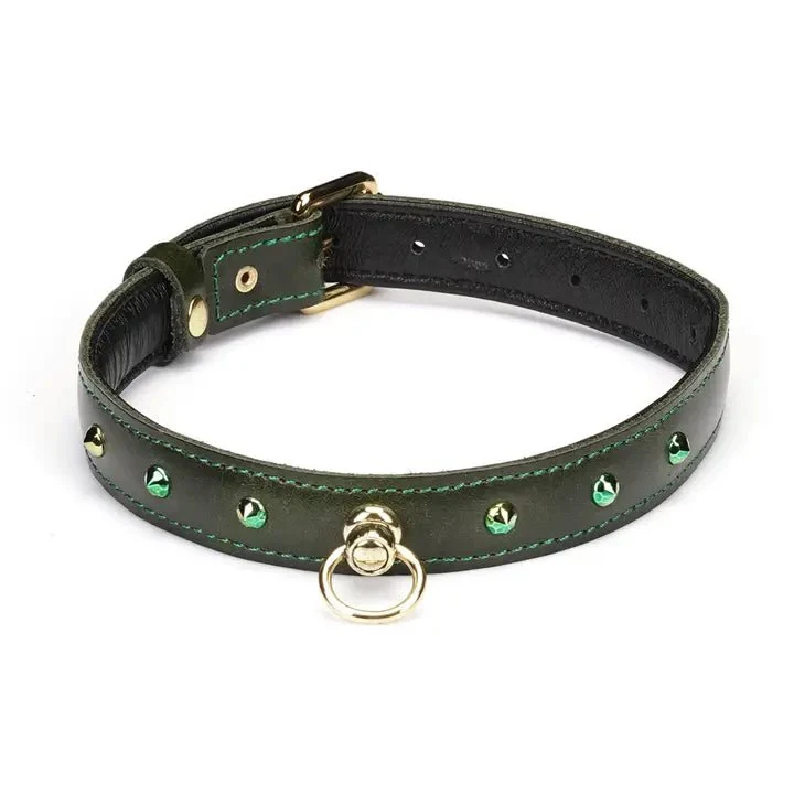 Collar de cuero verde con cristales – Collar BDSM de piel de vaca verde oscuro