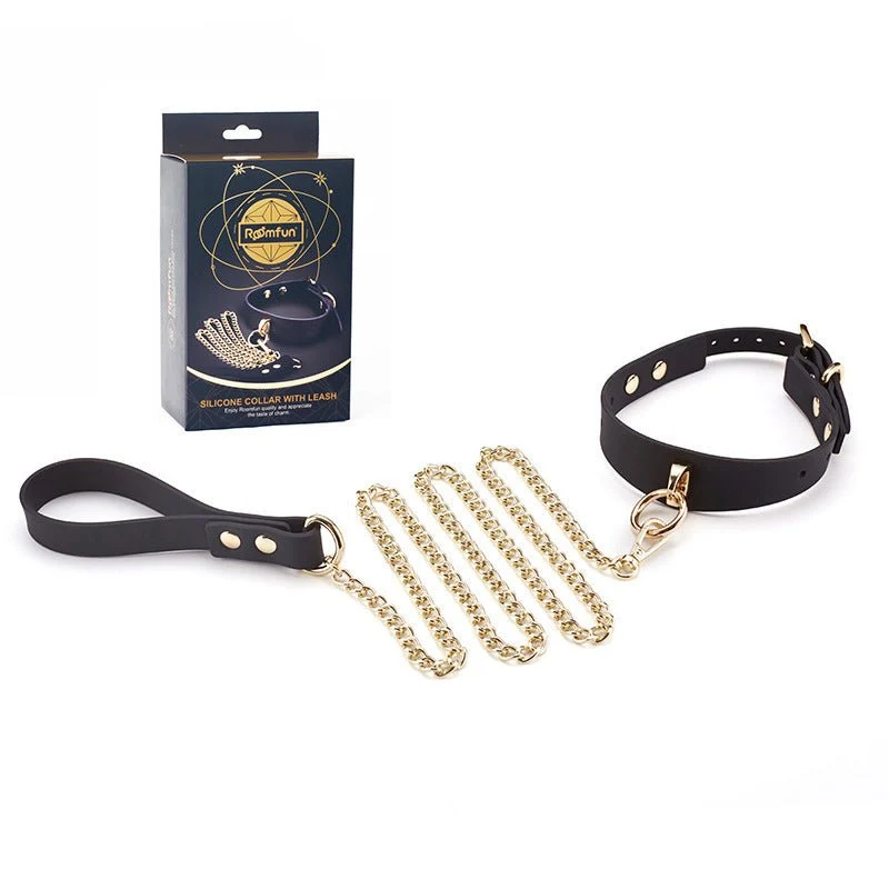 Collar de silicona negro-dorado de 38 cm con correa | Collar BDSM vegano