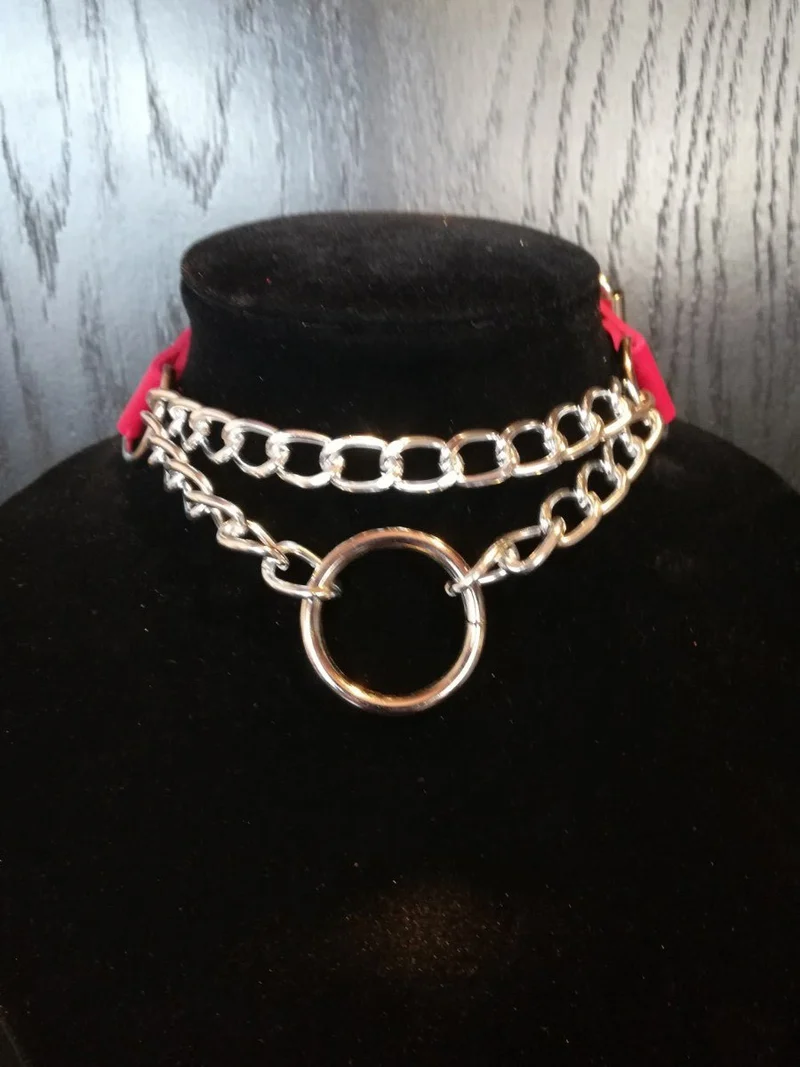 Collar vegano rojo con cadena y anilla – 2 cm de ancho | Hebilla de 33-41 cm