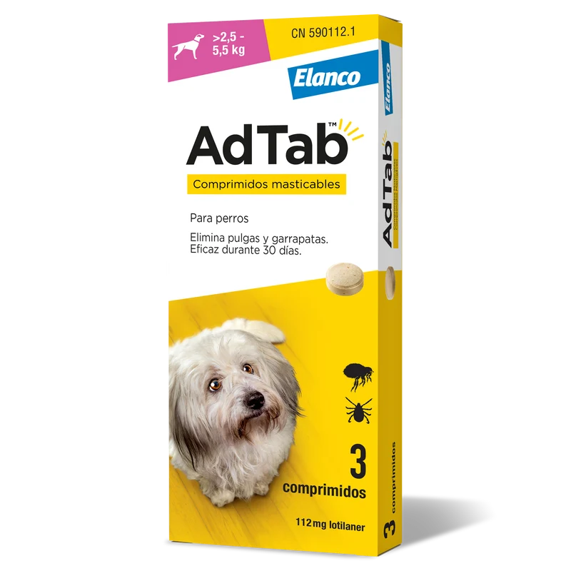 Adtab 112 mg comprimidos masticables para perros (2,5–5,5 kg) – antiparasitario oral contra pulgas y garrapatas