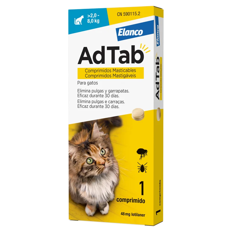 Adtab 48 mg comprimido masticable para gatos (2–8 kg) – antiparasitario oral contra pulgas y garrapatas