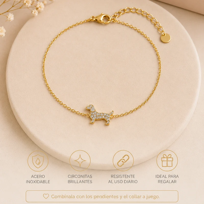 Pulsera de acero inoxidable dorada con perro y circonitas
