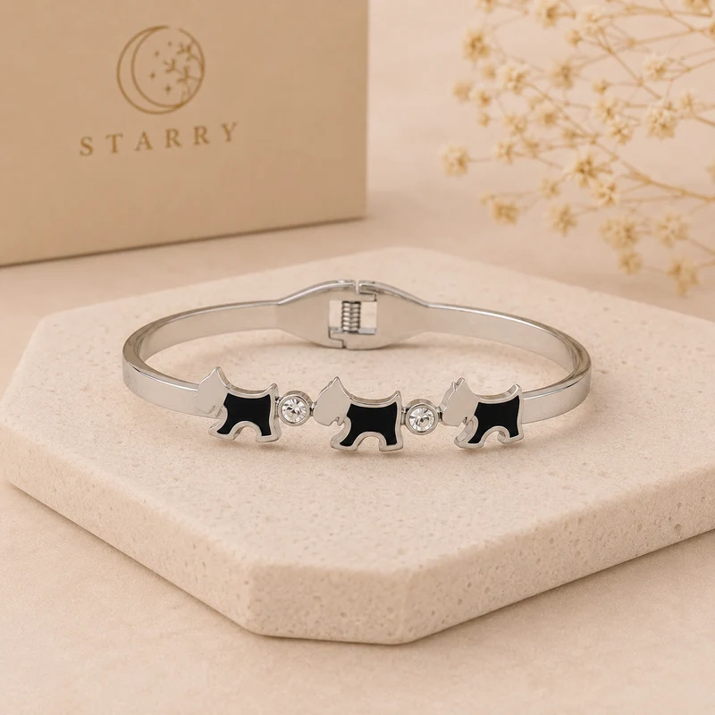 Pulsera De Acero Inoxidable Con Tres Perritos Y Circonitas Plateada