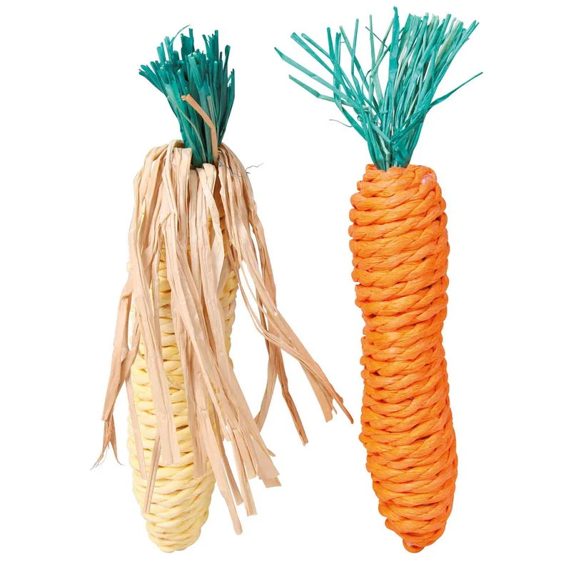 Trixie Set 2 Juguetes de Cuerda de Paja para Roedores 15cm | Mazorca y Zanahoria 100% Naturales