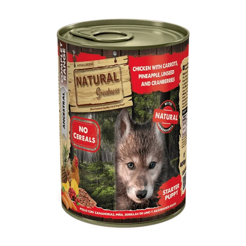 Natural Greatness Lata Starter Puppy Pollo, Zanahorias y Piñones 400 g