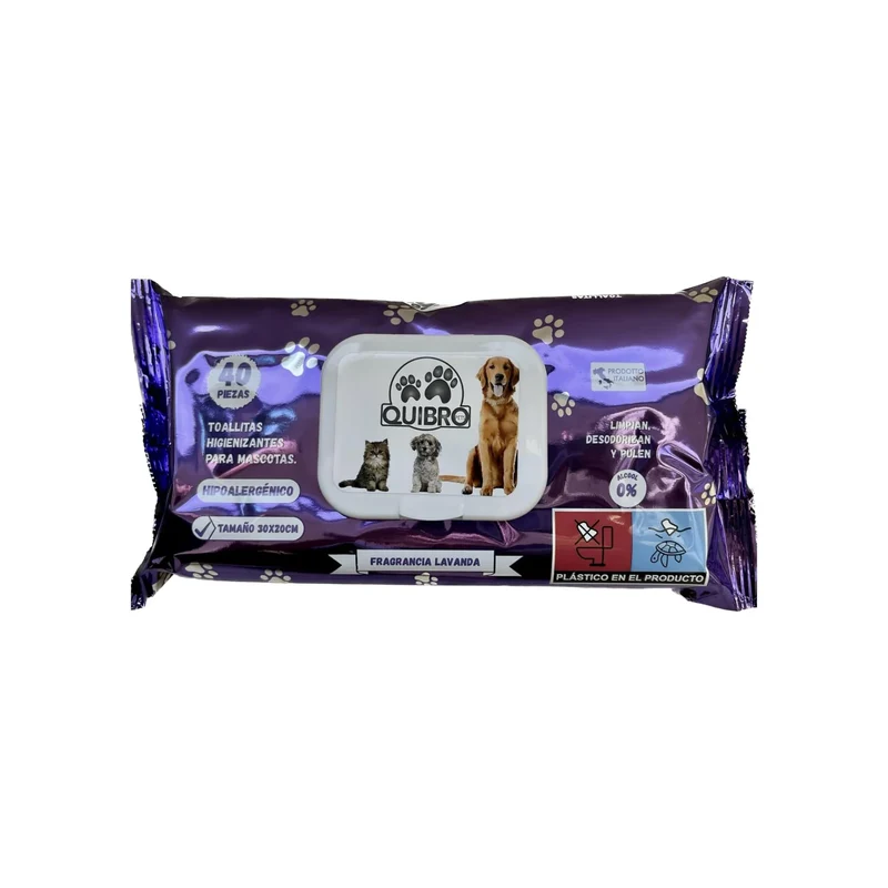 Quibropets Toallitas Húmedas Lavanda 40 unidades – limpieza y desodorización para perros y gatos