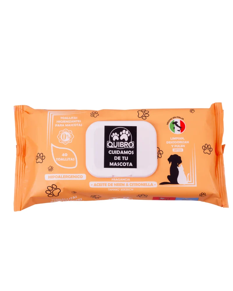 Quibropets Toallitas Aceite de Neem y Citronela 40 unidades – repelente natural e higiene para perros y gatos