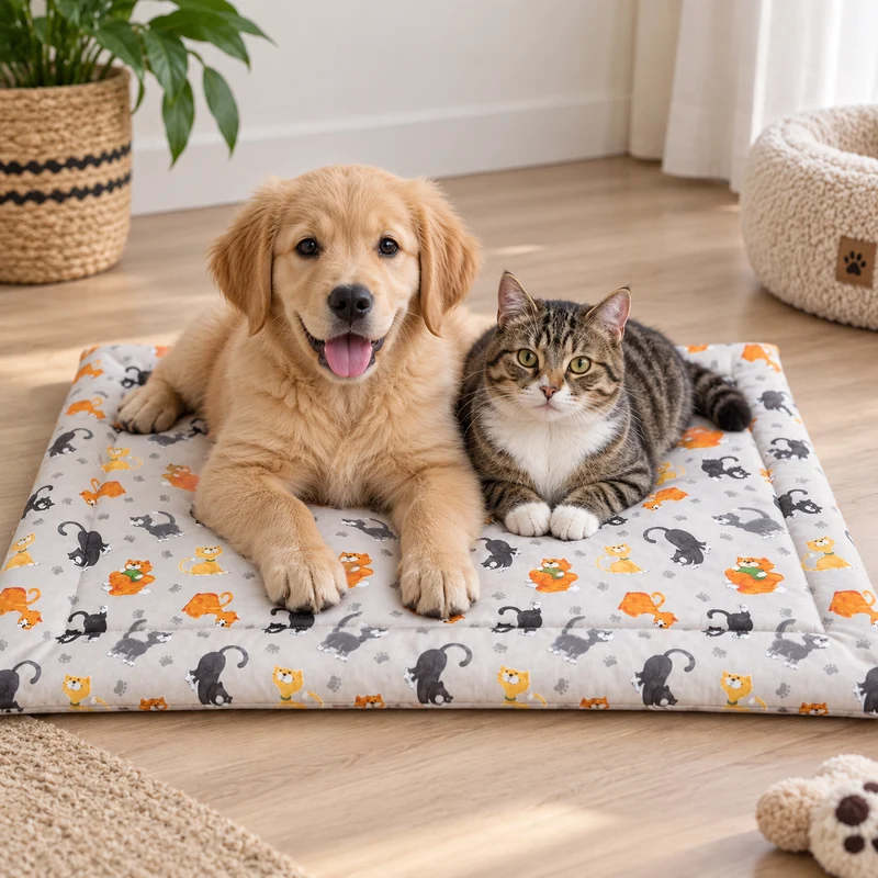 Colchoneta Acolchada Estampado Gatitos- El Telar de la Gata