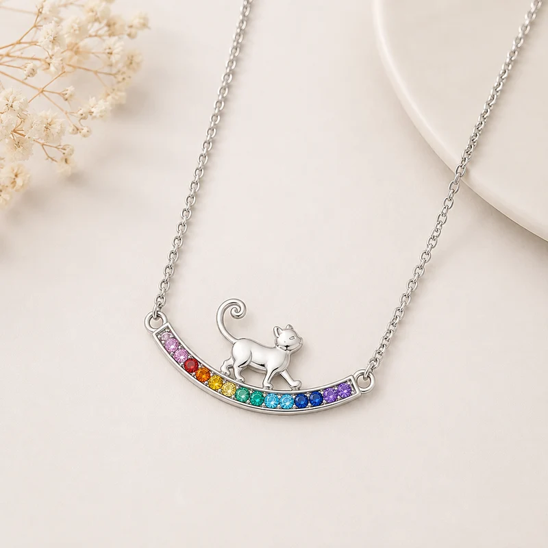 Collar de Plata de Ley con Gatito y Cristales Multicolor