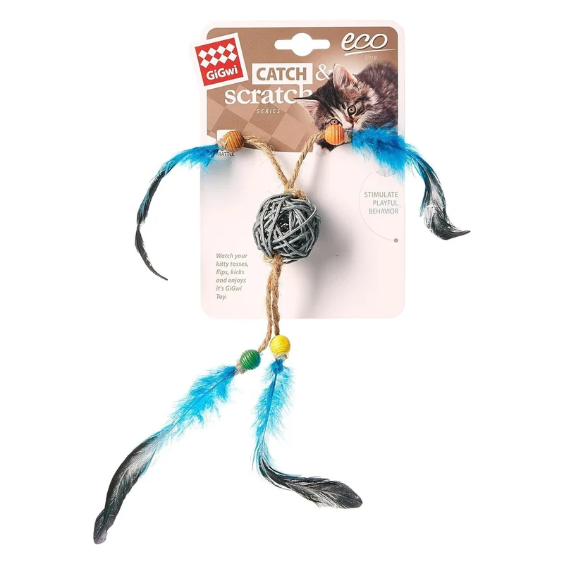 GiGwi Eco Line Catch & Scratch Blue Feather Cat Toy with Rattle