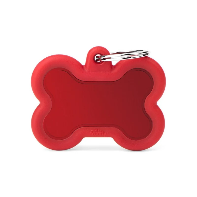 Placa Identificativa MyFamily Hushtag Hueso Aluminio Rojo Goma Roja