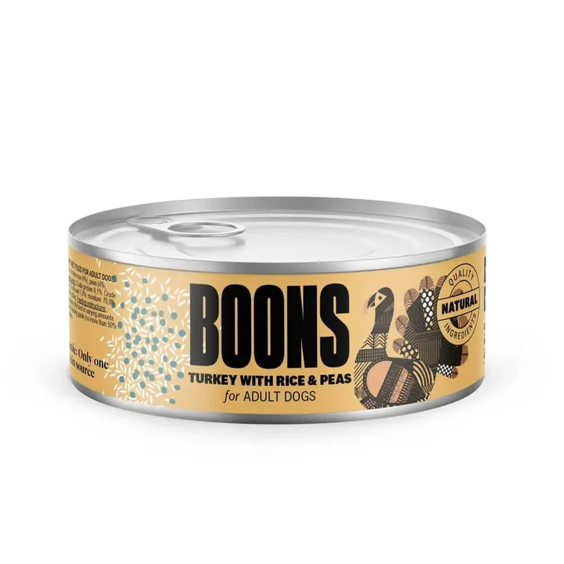 Boons Comida para Perros Adultos Pavo, Arroz y Guisantes Latas 10 x 185g