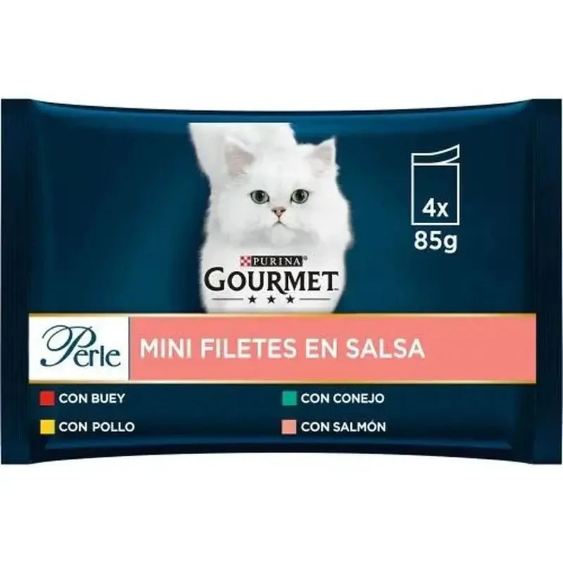 Purina Gourmet Perle Salsa Buey Pollo Conejo Salmón Comida Húmeda 12 Sobres x 85 Gr