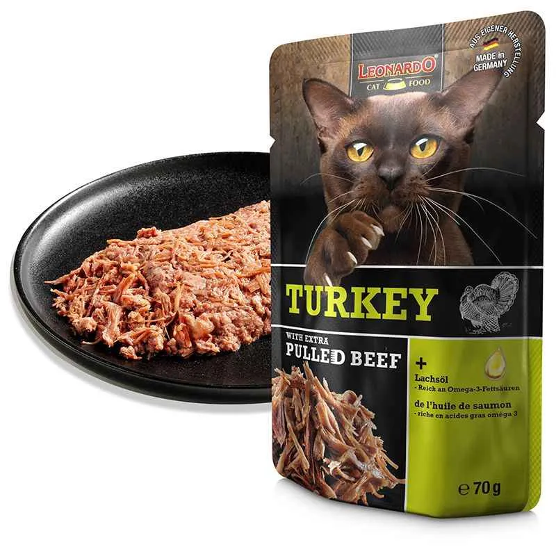 Leonardo Pavo con Ternera Desmenuzada para Gatos – 70g