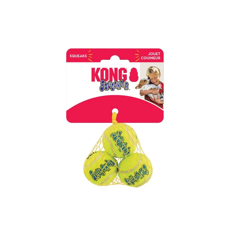 KONG SqueakAir Balls S – Pack 3 pelotas chirriantes con fiéltro suave para perros pequeños