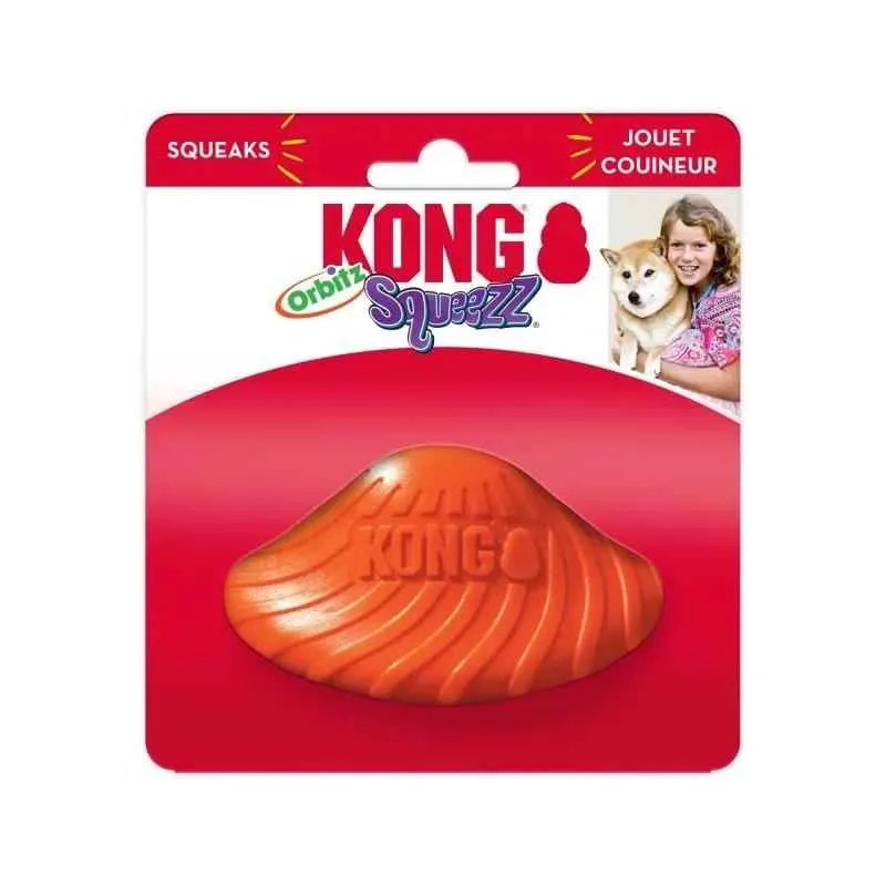 KONG Squeezz Orbitz Saucer S-M – Juguete chirriante de rebote impredecible para perros