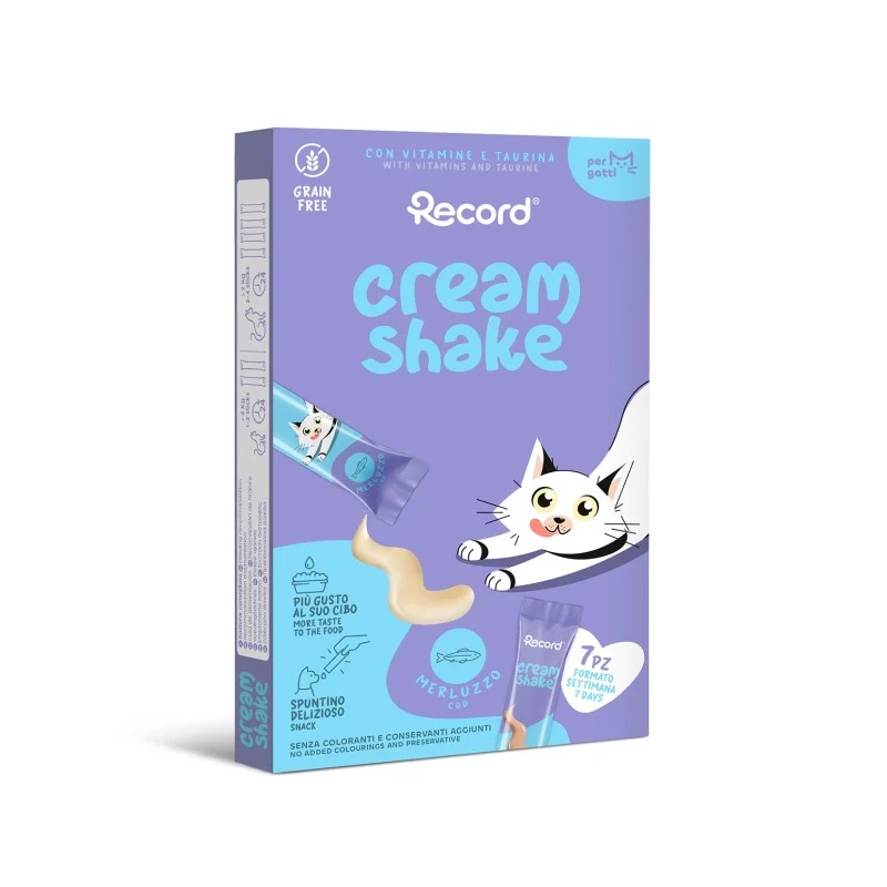 Record Cream Shake Merluza Snack Líquido Grain Free para Gatos – 7x12 g