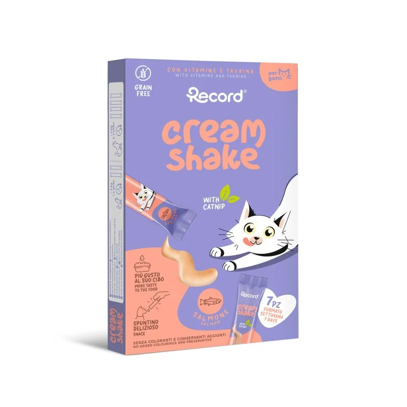 Record Cream Shake Salmón y Catnip Snack Líquido Grain Free para Gatos – 7x12 g