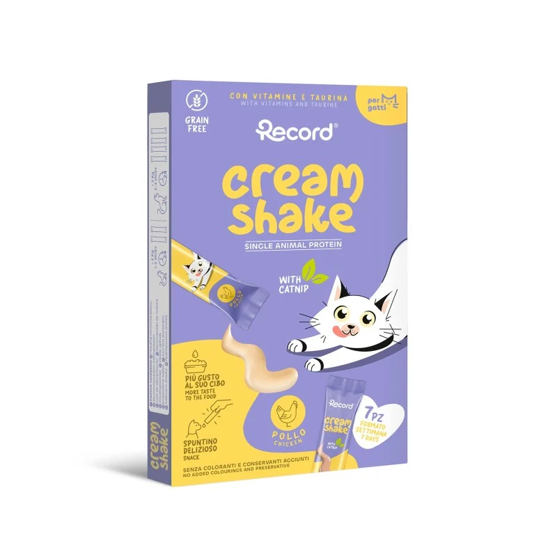 Record Cream Shake Pollo y Catnip Snack Líquido Grain Free para Gatos – 7x12 g