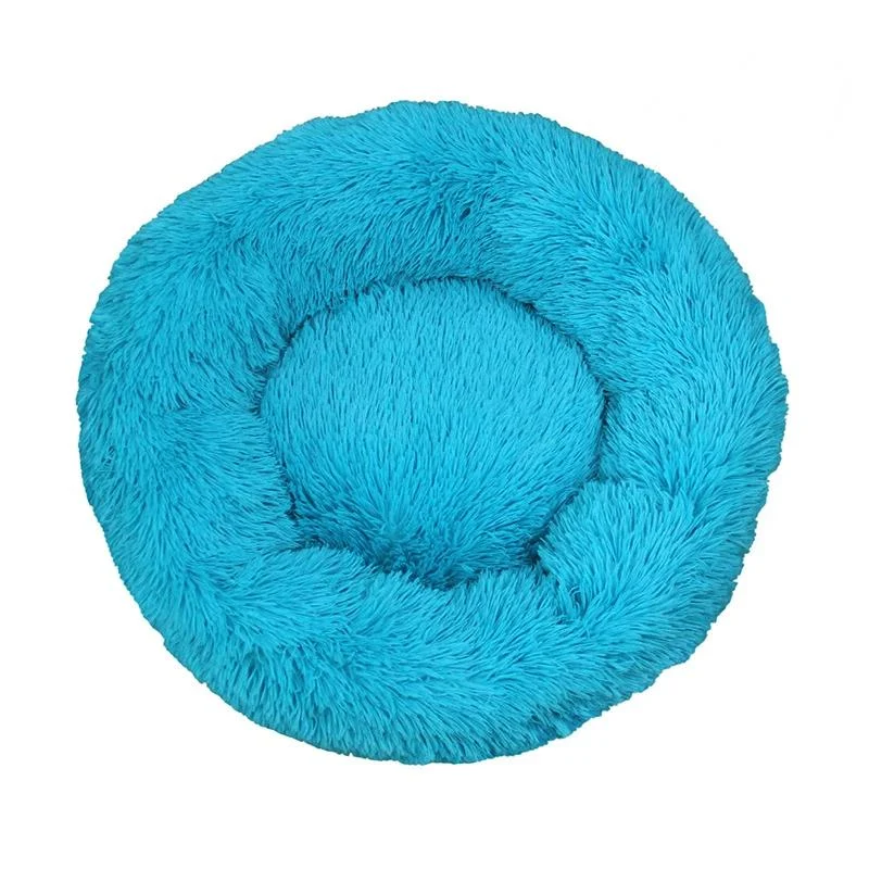 Cama Donut Antiestrés 50cm Azul – Cama redonda de pelo largo para perros pequeños