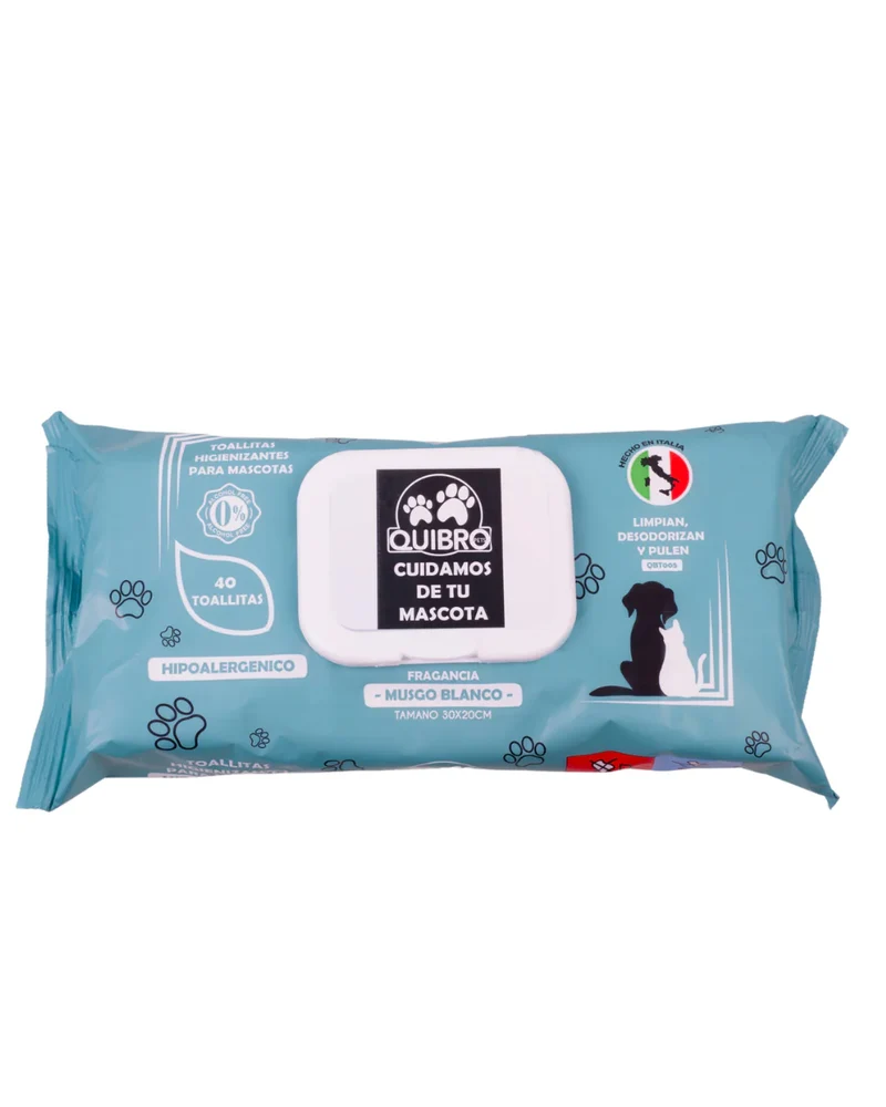 Quibropets Toallitas Musgo Blanco 40 unidades – higiene suave y calmante para perros y gatos