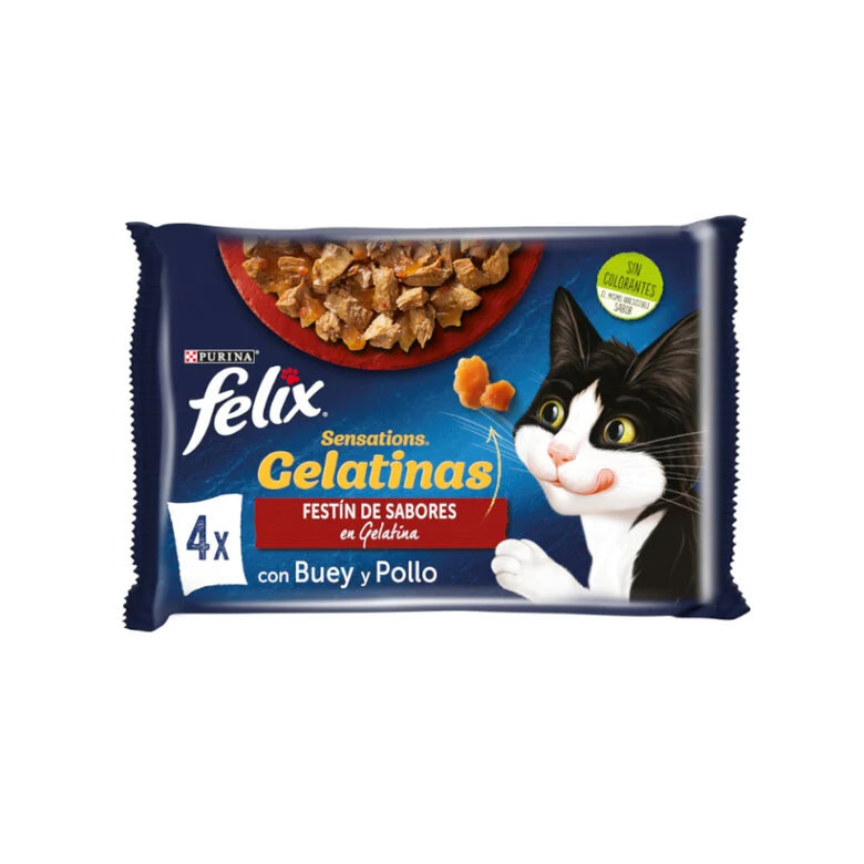Felix Sensations Gelatinas con Buey y Pollo para Gatos – Pack 4x85 g