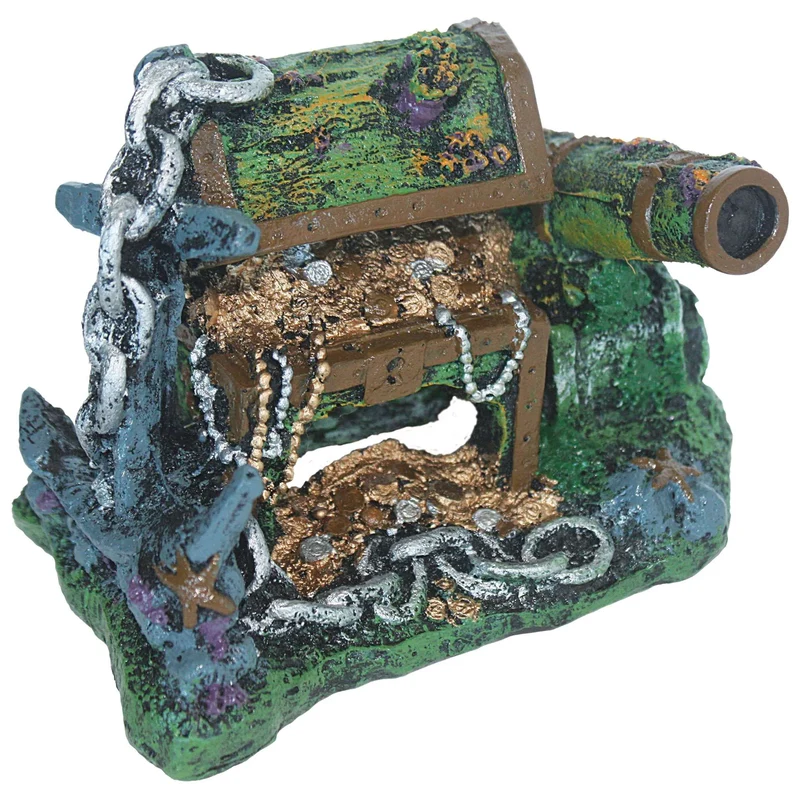 Ornamento Cañón y Cofre del Tesoro para Acuarios 10x8x6cm | Decoración Temática Pirata