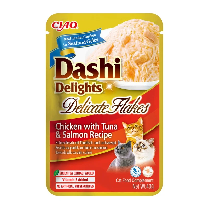Churu Dashi Delight Flakes Alimento Húmedo para Gatos Pollo con Atún y Salmón 480g