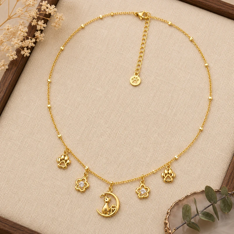Collar Acero Inoxidable con Huellas y Luna