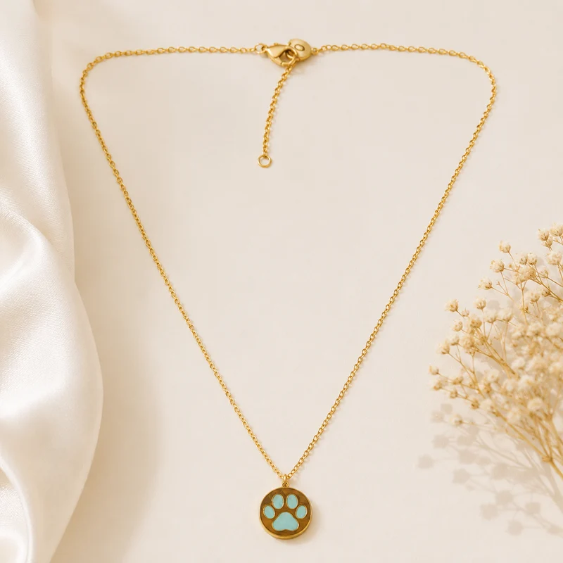 Collar de Acero Inoxidable Huella Gatuna Color Azul Dorado