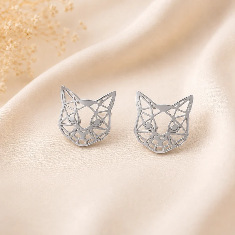 Pendientes de acero inoxidable Gatito Geométrico Plateado