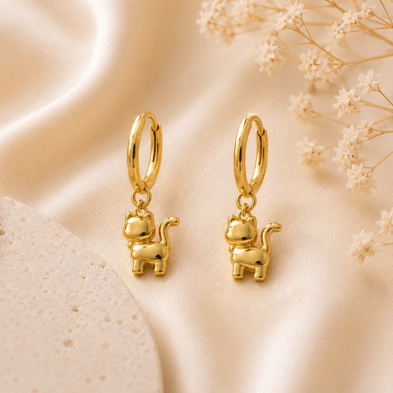 Pendientes de Acero Inoxidable Aro Gatito