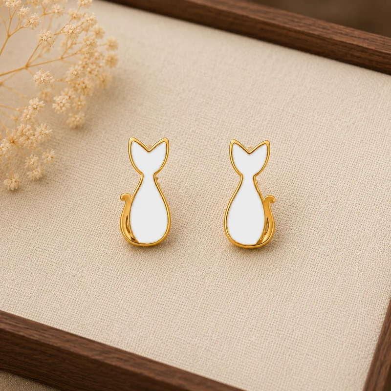Pendientes de Acero Inoxidable Silueta de Gato Blanco