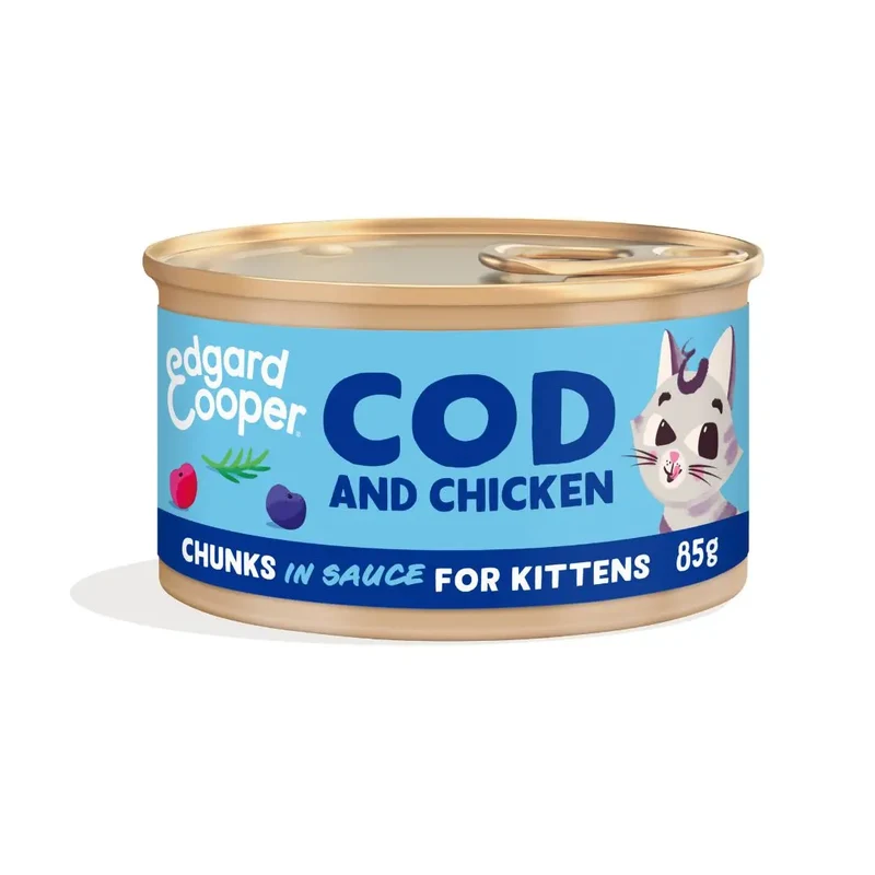 Edgard & Cooper Cat Kitten Trocitos en Salsa Bacalao y Pollo de Corral 85g