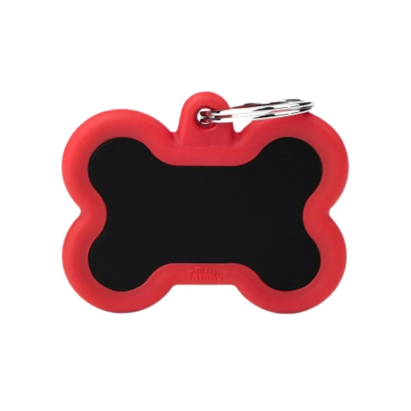 Placa Identificativa MyFamily Hushtag Hueso en Aluminio Negro con Goma Roja