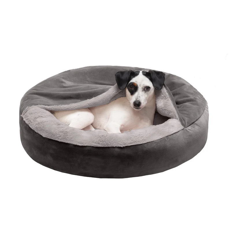 Wave Faux Fur & Velvet Hooded Donut Dog Bed