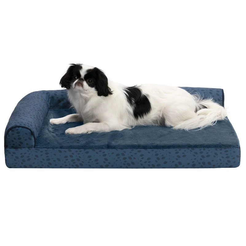 Deluxe Chaise Lounge Dog Bed - Plush Faux Fur & Almond Print