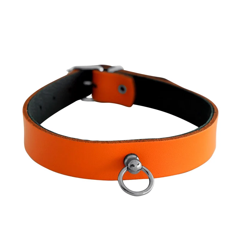 Conjunto de collar y esposas de cuero naranja y negro - Cuero auténtico