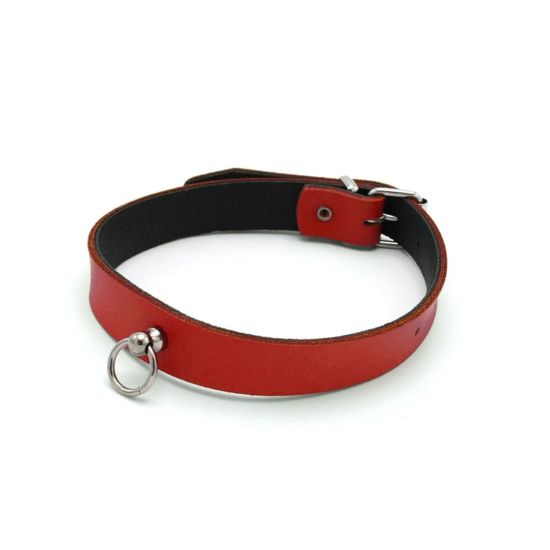Conjunto de collar y esposas de cuero rojo y negro - Cuero auténtico