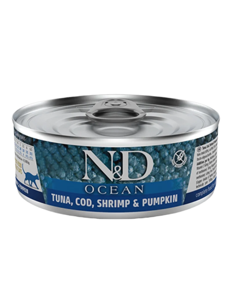 Farmina | N&D Ocean - Atún, bacalao, gambas y calabaza para gatos (24x70g)