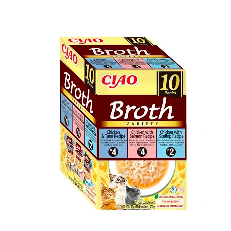 Inaba | Multipack Ciao Broth - Pollo con Atún, Salmón y Vieiras (10×40 g)