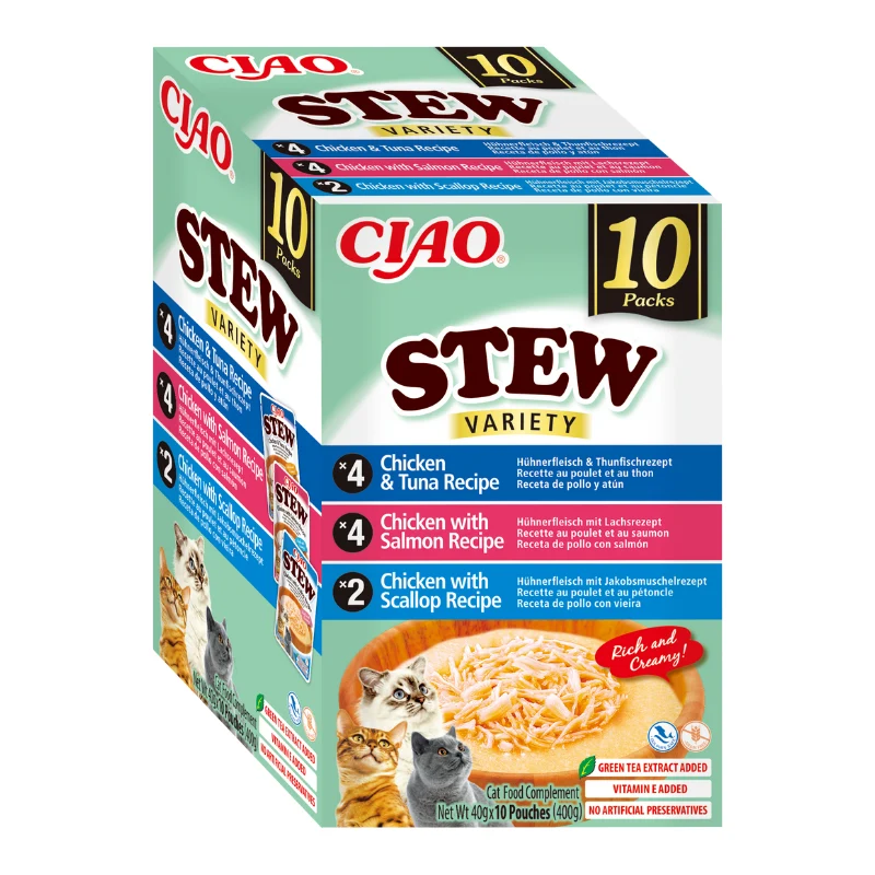 Inaba | Multipack Ciao Stew - Pollo con Atún, Salmón y Vieiras (10×40g)